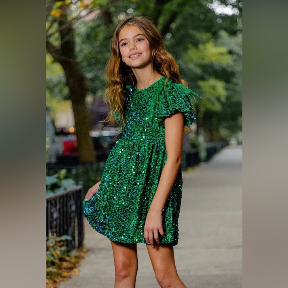 Lola + The Boys Emerald Shimmer Sequin Party Dress with Feather Detail